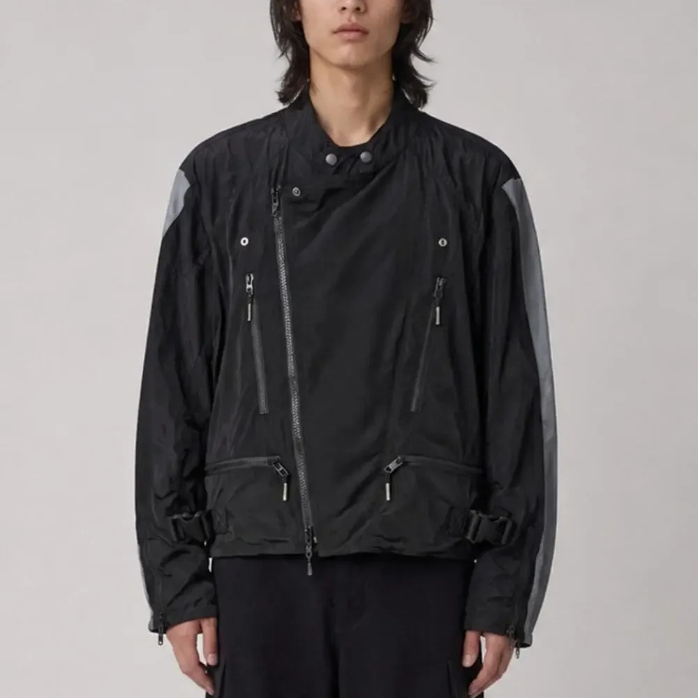 99%IS- Korean Streetwear Nylon Moto Jacket in Black, Size 2 (Medium)